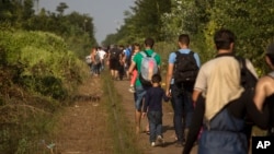 Syrian refugees walk across railway tracks next to the Serbian town of Horgos to cross the border and enter Hungary, Sept. 1, 2015.