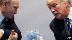 Presiden Rusia Vladimir Putin (kiri) dan Presiden AS Donald Trump dalam pertemuan di sela KTT G20 di Hamburg, Jerman (foto: dok). 