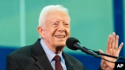 FILE - Former President Jimmy Carter speaks during an annual Carter Town Hall held at Emory University in Atlanta, Sept. 18, 2019.