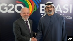 FILE - Brazilian President Luiz Inacio Lula da Silva, left, shakes hands with United Arab Emirates President Sheikh Mohamed bin Zayed Al Nahyan at the G20 Summit in Rio de Janeiro on Nov. 17, 2024.