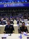 在中国北京举行的北京香山论坛开幕式上，中国国防部长董军(前排左二)与老挝、白俄罗斯和柬埔寨的国防部长坐在各自座位上。(2026年9月16日)