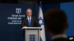 FILE - Israeli Prime Minister Benjamin Netanyahu during a press conference at the Government Press office in Jerusalem, Sept. 4, 2024.