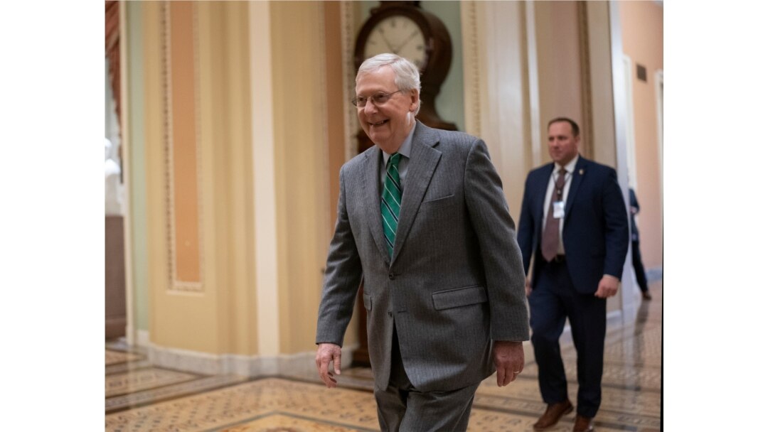 Senate Majority Leader Mitch McConnell, R-Ky., walks to the Senate chamber at the Capitol in Washington, Feb. 13, 2020.