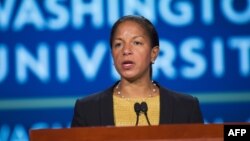 FILE - Susan Rice, who was then President Barack Obama's national security adviser, speaks at George Washington University in Washington, Sept. 21, 2015.