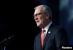 Representative Kevin Cramer (R-ND) speaks at the 2018 North Dakota Republican Party Convention in Grand Forks, North Dakota, U.S., April 7, 2018. Picture taken April 7, 2018. The party endorsed him for the U.S. Senate race against Democratic Sen…