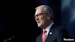 FILE - Rep. Kevin Cramer, R-N.D., speaks at a state GOP convention in Grand Forks, N.D., April 7, 2018. 