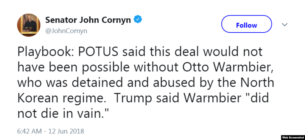 Sen. John Cornyn, a Texas Republican, reminded his Twitter followers of Otto Warmbier, an American detained by North Korea who was returned to the U.S. in a coma and died shortly after arriving back in the U.S.