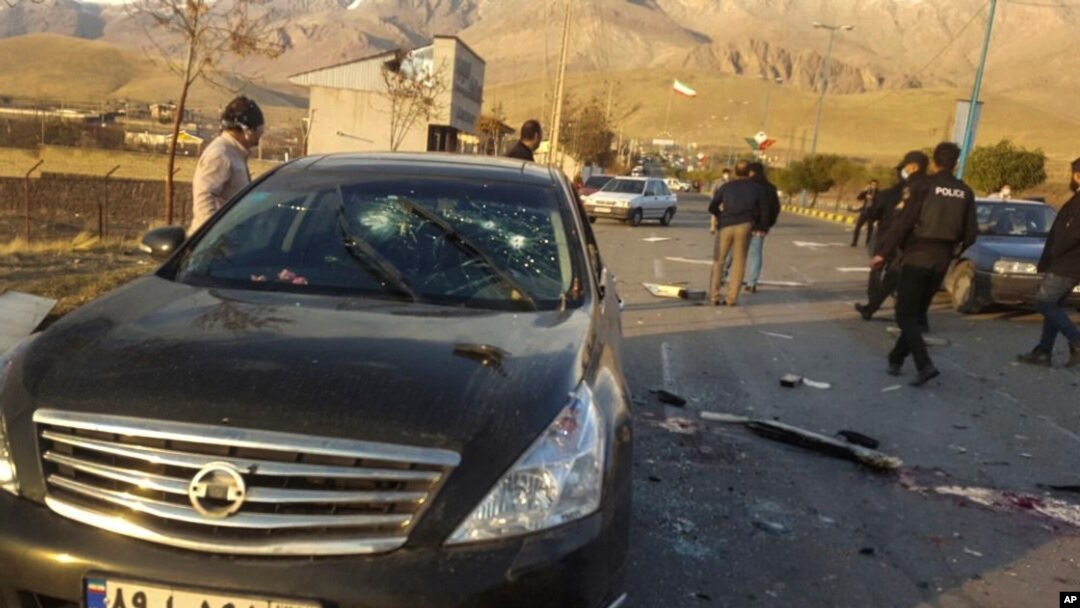 This photo released by the semi-official Fars News Agency shows the scene where Mohsen Fakhrizadeh was killed in Absard, Iran, Nov. 27, 2020.