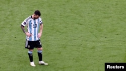 Argentina's Lionel Messi reacts after Saudi Arabia's Saleh Al-Shehri scores their first goal. (REUTERS/Marko Djurica)