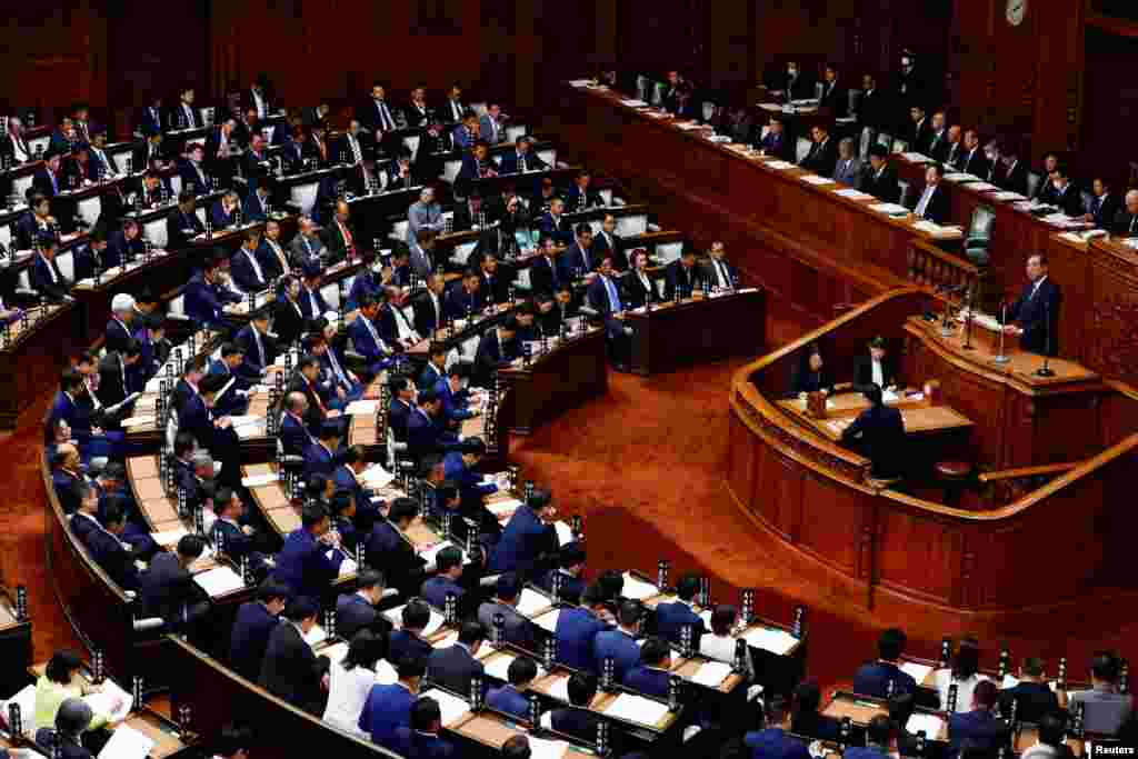 Japan&#39;s new Prime Minister Shigeru Ishiba gives his first policy speech at the lower house of the parliament in Tokyo, Japan.