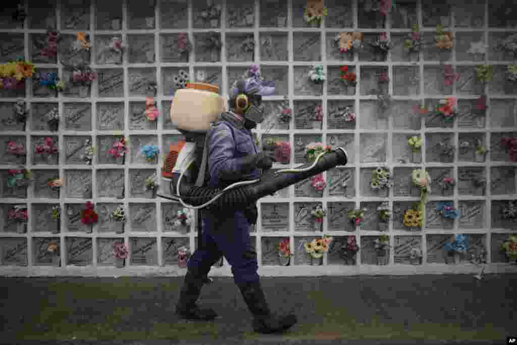 A cemetery worker sprays disinfect at niches inside Nuestra Se&#241;ora de Belen cemetery amid the COVID-19 pandemic in Fusagasuga, Colombia.