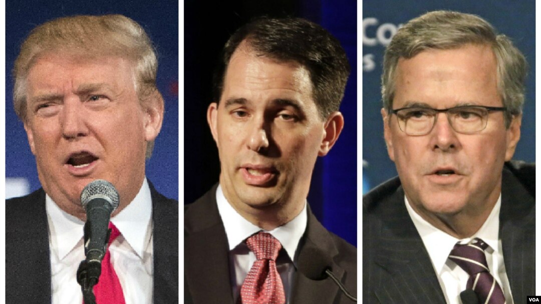Từ trái sang): Ứng cử viên TT Đảng Cộng hòa Donald Trump, Thống đốc bang Wisconsin Scott Walker và cựu Thống đốc bang Florida Jeb Bush tham gia vào các cuộc tranh luận bầu cử đầu tiên hôm thứ Năm tại Cleveland, Ohio.