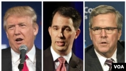 Dari kiri ke kanan, kandidat calon presiden Partai Republik Donald Trump, Scott Walker dan Jeb Bush akan berpartisipasi dalam debat pemilu pertama di Cleveland, Ohio.