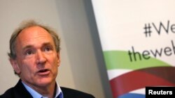 FILE - World Wide Web founder Tim Berners-Lee speaks during a news conference in London Dec. 11, 2014. 