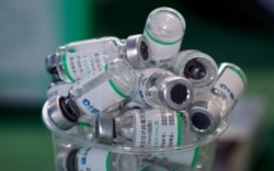 FILE - Empty Sinopharm vaccine vials sit in a cup during a priority COVID-19 vaccination campaign of health workers at a public hospital in Lima, Peru, Feb. 10, 2021.