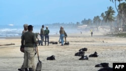 Miembros del Instituto de Parques Nacionales (INPARQUES) recolectan residuos de petróleo en la playa Boca de Yaracuy en el estado Falcón, Venezuela, el 19 de agosto de 2024.