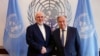 Iranian Foreign Minister Mohammad Javad Zarif, left, shakes hands with U.N. Secretary General Antonio Guterres at United Nations headquarters, July 18, 2019. 