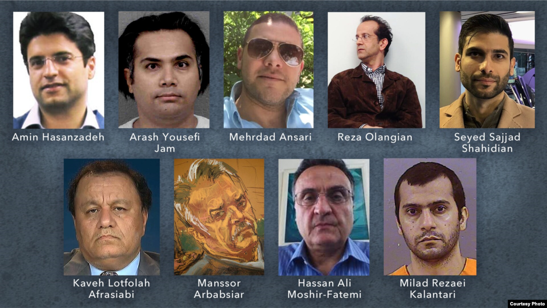 Nine of at least 13 Iranians in U.S. detention or under U.S. court-ordered restrictions on movement who could be part of a future prisoner swap with Iran. (Courtesy Reuters, Tasnim, UK National Crime Agency, social media, law enforcement agencies)