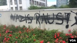 FILE - Anti-immigrant protests in Dresden, Germany have also inspired counter-protests and graffiti like this that says 'Nazis Out!", July 7, 2016. (H. Murdock/VOA)