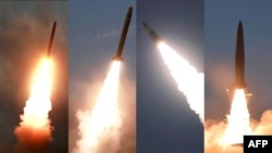 북한 매체가 신형 무기 실험라고 주장하며 공개한 사진들. 왼쪽부터 신형대구경조정포, 초대형방사포(KN-25), 북한판 에이태킴스(KN-24), 북한판 이스칸데르(KN-23).