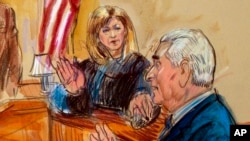 FILE - This courtroom sketch shows Roger Stone talking from the witness stand as Judge Amy Berman Jackson listens during a court hearing at the U.S. District Courthouse in Washington, Feb. 21, 2019.