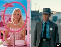 This combination of images shows Margot Robbie in a scene from "Barbie," left, and Cillian Murphy in a scene from "Oppenheimer." (Warner Bros Pictures/Universal Pictures via AP)