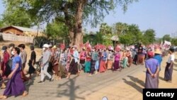 Protesters stage an anti-coup march in Myanmar's western Myaing township, May 1, 2021. (Photo: Citizen journalist via VOA's Burmese Service) 