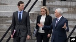 White House senior adviser Jared Kushner, Homeland Security Secretary Kirstjen Nielsen and Vice President Mike Pence talk upon leaving the Eisenhower Executive Office Building, Jan. 5, 2019, in Washington. Pence had led federal shutdown talks with congressional leaders.