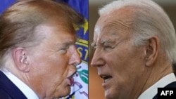 ARCHIVO - Esta combinación de imágenes creada el 6 de marzo de 2024 muestra al aspirante presidencial republicano, Donald Trump en Concord, New Hampshire, el 19 de enero de 2024; y al presidente estadounidense Joe Biden en Culver City, California, el 21 febrero de 2024.