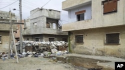 Damaged houses in handout picture taken by Syrian National Council (SNC) member Moulhem Al-Jundi in Karm Al Zaytoon, a neighbourhood of Homs, February 23, 2012.