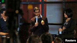 Google CEO Sundar Pichai gestures as he addresses conference with local IT community, Hanoi, Vietnam, Dec. 22, 2015.