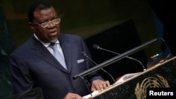 Le président namibien Hage Geingob devant l'ONU, à New York, 29 septembre 2015.