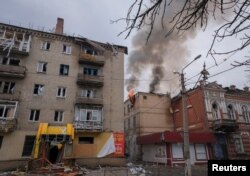 A general view shows buildings damaged by a Russian military strike in Bakhmut