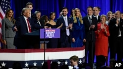 Republican presidential nominee former President Donald Trump speaks at an election night watch party, Nov. 6, 2024, in West Palm Beach, Florida.