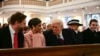 US President-elect Donald Trump speaks with Vice President-elect JD Vance (L) and Usha Vance, second from left, during a church service at St. John's Episcopal Church, Lafayette Square in Washington, D.C., Jan. 20, 2025.