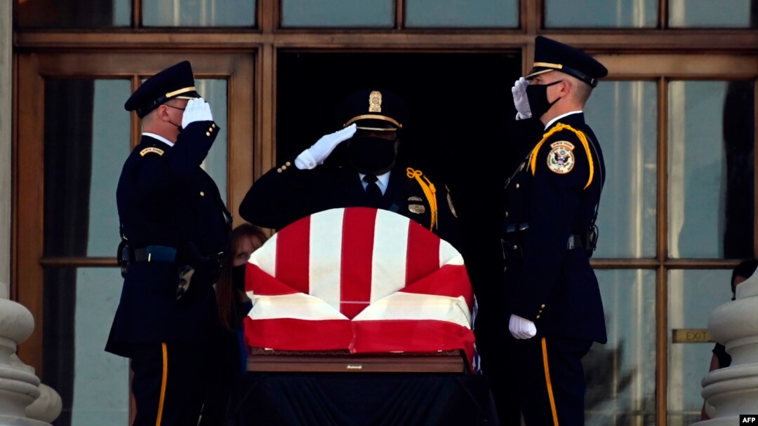 The casket of Ruth Bader Ginsburg is brought to the front of the Supreme Court for two days of public viewing in Washington, DC on September 23, 2020.