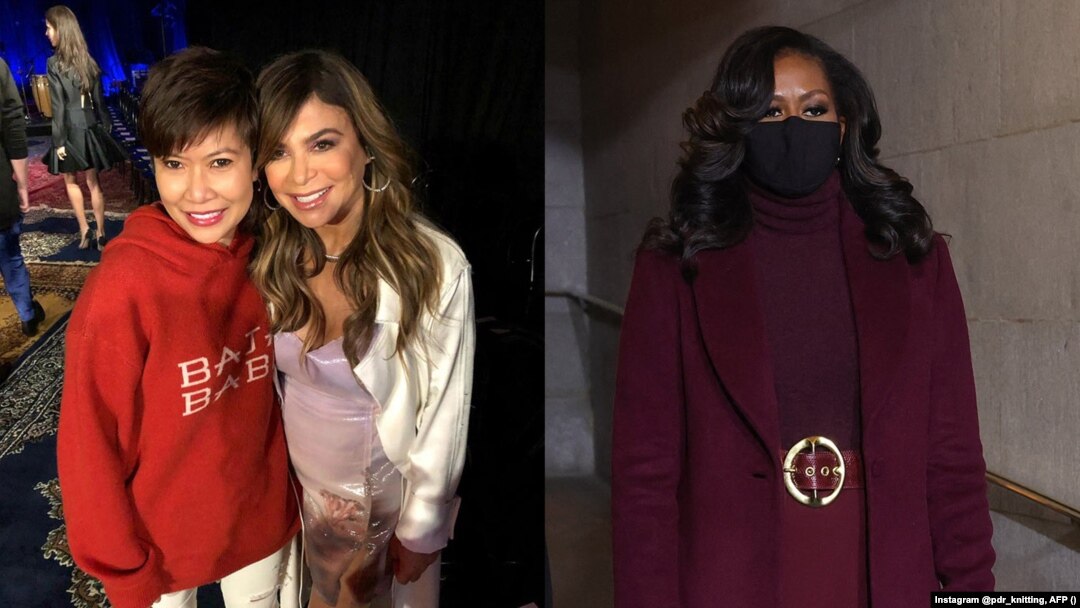 Evita Chu (paling kiri) dan Paula Abdul, dan Michelle Obama mengenakan sweater buatan Evita. 