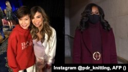 Evita Chu (paling kiri) dan Paula Abdul, dan Michelle Obama mengenakan sweater buatan Evita. 