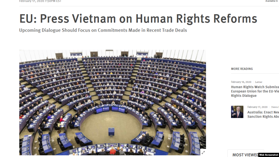 Tư liệu: HRW kêu gọi EU gây sức ép để Việt Nam cải cách nhân quyền, ngày 18/02/2020. Photo HRW