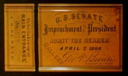 FILE - A Senate gallery pass from the impeachment trial of President Andrew Johnson in 1868.