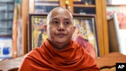 FILE - Wirathu, a high-profile leader of the Myanmar Buddhist organization known as Ma Ba Tha, is interviewed at his monastery in Mandalay, Myanmar, Nov. 12, 2016.