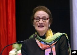 FILE - UNICEF Executive Director Henrietta Fore delivers a speech in Naypyitaw, Myanmar, Jan. 28, 2019.