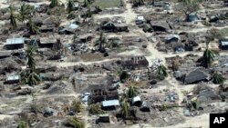 An aerial shot shows widespread destruction caused by Cyclone Kenneth when it struck Ibo island north of Pemba city in Mozambique, May, 1, 2019. More than 22 inches (55 centimeters) of rain have fallen in Pemba since Kenneth arrived.