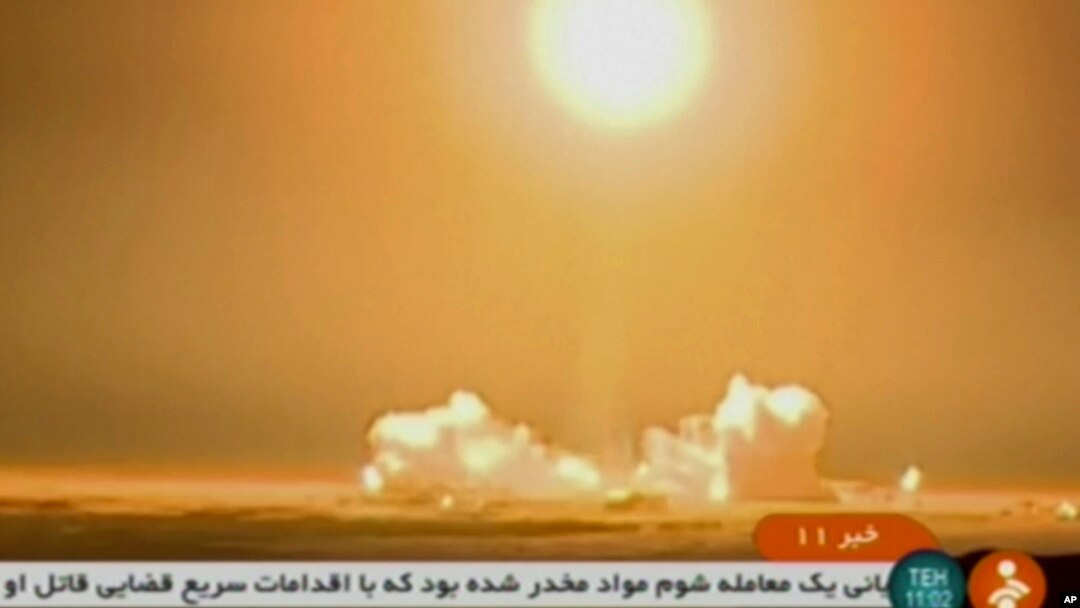 Video image from Iranian state TV shows the launch of a rocket carrying a Payam satellite at Imam Khomeini Space Center, a facility under the control of the country's Defense Ministry, in Semnan province, Iran, Jan. 15, 2019. 