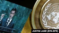 Ukraine's President Volodymyr Zelensky holds up a bullet while addressing the General Debate of the 74th session of the General Assembly of the United Nations at United Nations Headquarters in New York, New York, USA, 25 September 2019.