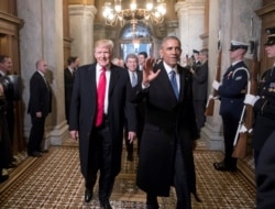 President-elect Donald Trump, left, and President Barack Obama arrive for Trump's inauguration ceremony at the Capitol in Washington, D.C., Jan. 20, 2017.