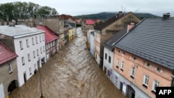 This aerial photograph taken on Sept. 15, 2024 shows a view of the flooded streets in Glucholazy, southern Poland.