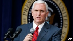 Vice President Mike Pence speaks during a town hall with business leaders in the South Court Auditorium on the White House complex in Washington, April 4, 2017.