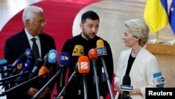 Ukrainian President Volodymyr Zelenskiy, center, European Council President Antonio Costa, left, and European Commission President Ursula von der Leyen speak to the media as they attend a European Union leaders summit, in Brussels, Belgium, March 6, 2025.