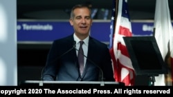 FILE - In this May 24, 2021, photo, Los Angeles Mayor Eric Garcetti speaks a press conference at Los Angeles International Airport, in Los Angeles.